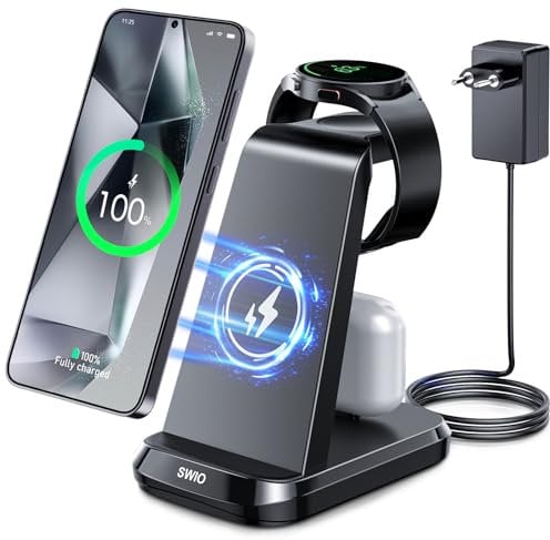 SWIO 3 in 1 Induktive Ladestation kompatibel mit Samsung Watch und Handy,Wireless Charger für Galaxy Watch 7/Ultra/6/5/4/3,Galaxy S25 S24 S23 S22 S21/Note 20 10/Z Fold 4 3(Nicht für Z Flip&A Serie)