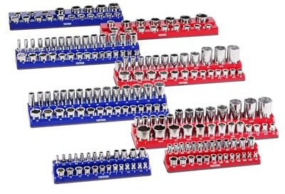 VEVOR Magnetic Socket Organizer Set, 8PCS Socket Holder, 1/4'', 3/8'' & 1/2'' Metric SAE Socket Trays with Clear Labels, Hold up to 199PCS Standard & Deep Sockets, Blaue & Red (Sockets Not Included)
