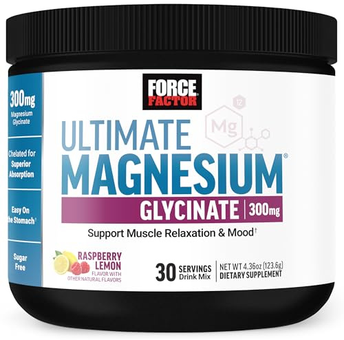 Force Factor Ultimate Magnesium Glycinate Powder 300mg, Chelated Magnesium Bisglycinate, High Absorption, Raspberry Lemon, 30 Servings