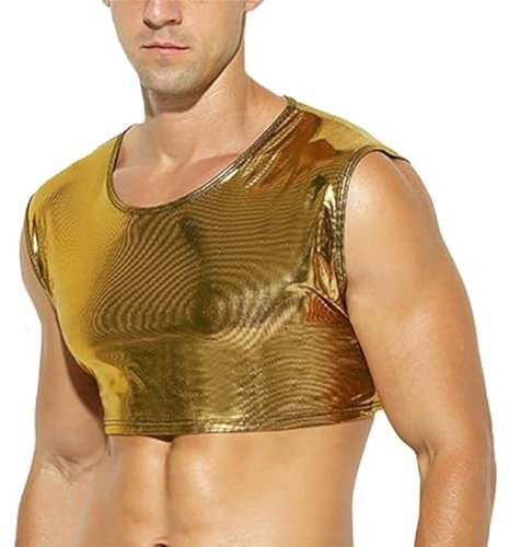 Men's Shiny Crop Top, Sexy Faux Leather Crew Neck Short Tank Tops for Party Clubwear, Sleeveless Metallic Muscle Tight Vest Clubwear, Slim Fit Dance Shirt Vest for Night Club Music Festival Disco