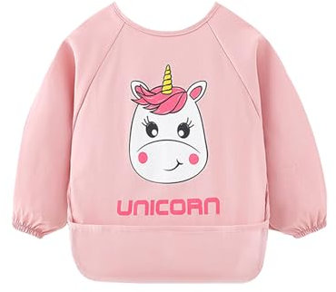 Satiskid Baby Lätzchen mit Langen Ärmeln, Wasserdicht Ärmellätzchen, Ganzkörper Lätzchen mit Tasche für Babys von 12 Monaten bis 36 Monaten, Leicht zu Reinigen (Rosa)