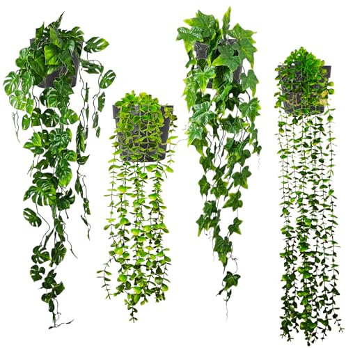 Nexum Hängepflanze Künstlich im Topf Künstliche Hängepflanzen Wie Echt 53-95cm Fake Plant Eukalyptus, Monstera, Weinrebe Kunstpflanzen Hängend Plastikpflanzen Home Decor Innenbereich, Außenbereich