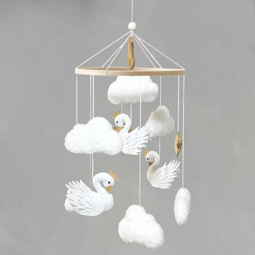 Weiße Schwan Mobile Baby Windspiele,Gekrönte Weiße Schwan, Wolken, Sterne Babybett Mobile Baby Holz mit Filzbällen,Mobile Windspiel Bettglocke Anhänger Spielzeug Geschenk für kinder