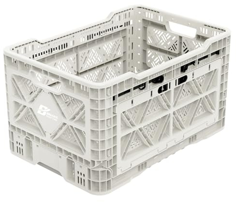Bigant Heavy Duty Collapsible & Stackable Plastic Milk Crate-Medium Size, Ivory, Stackable Open Front Organizer, Snap Lock Foldable Industrial Garage Storage Bin Container Utility Basket