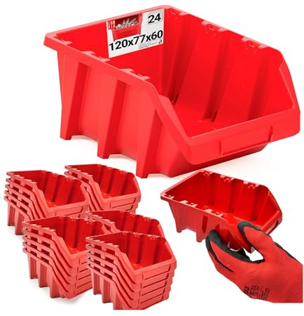 Lun Fix Sortierbox 120x77x60 mm 24 STK., Aufbewahrungsbox aus Polypropylen, Sichtlagerkasten rot, Stapelboxen Kunststoff, Sortimentskasten für Schüttenregal & Lagerregal, Aufbewahrung Werkstatt