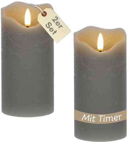 GarPet 2er Set LED Echtwachskerzen mit Timer Led Kerzen mit Timerfunktion und flackernde Flamme Led Echtwachs Stumpenkerzen flackernd 7,5 x 15 cm Grau