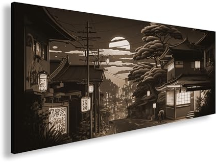 Leinwandbild Mondnacht in Japan – Laternenlicht trifft auf stille Gassen. Panorama 100x50cm Effekt: Sepia XXL Wandbild auf Keilrahmen/Kunstdruck/Bild Wohnzimmer Dekoration