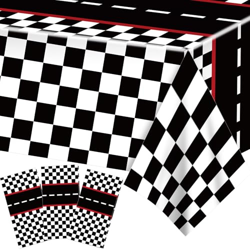 3 Stück Rennsport Tischdecke – Motorsport Deko Schwarz Weiß aus Kunststoff für Geburtstagsparty, Herrenzimmer, Garage, Spielzimmer