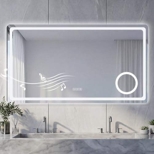 NeoArt Badspiegel mit Beleuchtung und Bluetooth 120x70cm Antibeschlag HD | 3 Farben & Dimmbare Helligkeit 10%-100%,Touch-Schalter, IP44&IP65, 3x Vergrößerung, 5mm HD Silber-Spiegel mit musik