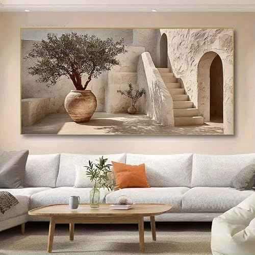 Dittelle Oasen mit Olivenbäumen Leinwand-Wandkunstdrucke Gemälde Heimdekoration Großes Wandbild Poster Veranda Bild Bogentür (75x150cm/Rahmenlos)
