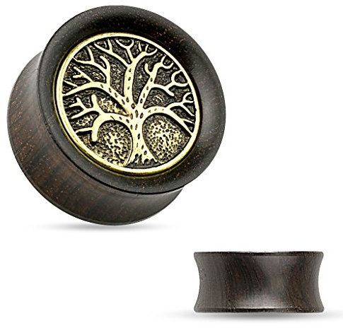 Holz Plug Flesh Tunnel Lebensbaum Wood Ear Plug Saddle Fit Organic Tree of Life Vintage Ethno braun 14 mm