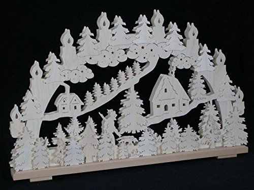 Rudolphs Schatzkiste Schwibbogen mit Jäger und Haus im Wald und Beleuchtung BxHxT 70x44x7cm NEU Lichterbogen Fensterbogen Spitzbogen Erzgebirge Seiffen Weihnachten Licht Holz Dekoration Beleuchtung