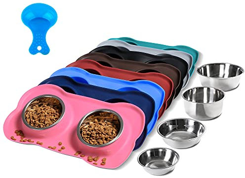 Hubulk Pet Dog Bowls 2 Stainless Steel Dog Bowl with No Spill Non-Skid Silicone Mat + Pet Food Scoop Water and Food Feeder Bowls for Feeding Small Medium Large Dogs Cats Puppies (M, Pink)