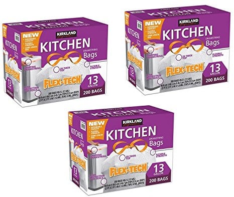 Kirkland Signature Flex-Tech Drawstring Kitchen Trash Bags 13 Gallon 200 Bags, 3 of Such Pack