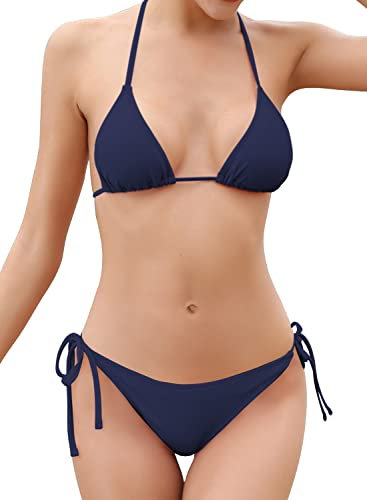 SHEKINI Bikini Damen Set Sexy Klassischer Triangel Rückenfrei Bikinioberteil Verstellbare Zweiteiliger Badeanzug Niedrige Taille Ruched Bikinihose für Frauen(XS, Dunkelblau