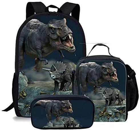 chaqlin T-rex Dinosaurier-Rucksack-Set für Jungen, Grundschule und Jugendliche, Schulranzen, Lunchbox mit Wasserflaschenhalter und Federmäppchen Mehrfarbig Dinosaur-1 Einheitsgröße