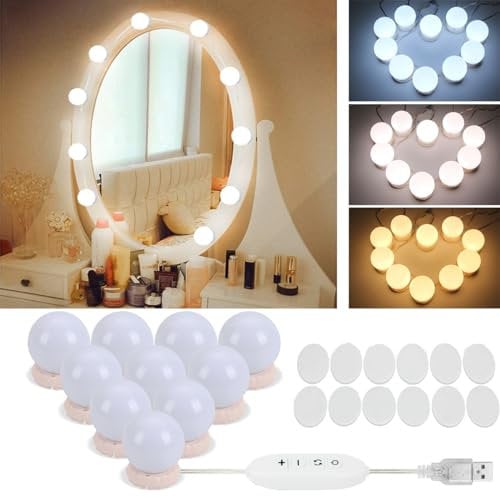 Led Spiegelleuchte,Hollywood Stil 10 Dimmbar Schminklicht Spiegellampe,3 Farbmodi 10 Helligkeiten Schminkleuchte,Schminktisch Leuchte,Make Up Licht für Kosmetikspiegel Schminktisch/Badzimmer Spiegel