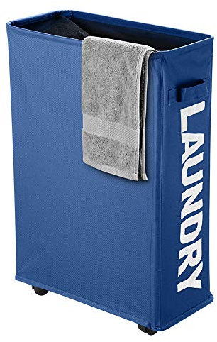 IHOMAGIC Cesto Biancheria con Ruote, Cesta del Bucato – Portabiancheria, Sottile Secchi per la Biancheria Pieghevole per Vestiti sporchi Pratico per Casa Lavanderia, Dormitorio, 40L, Blu Scuro