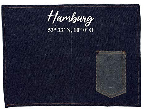 WB wohn trends Platzset Jeans-Stoff, Hamburg mit Koordinaten, mit Tasche für Messer und Gabel 40x30cm blau weiß Textil-Untersetzer Tisch-Set