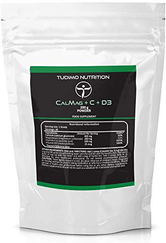Calcium Magnesium Vitamin D Vitamine C - 200g en Poudre Boisson - 400mg Gluconate de Cal, 200mg Carbonate de Mag, 500mg Vit C Acide L Ascorbique, 25mcg D3 Cholecalciferol en Poudre