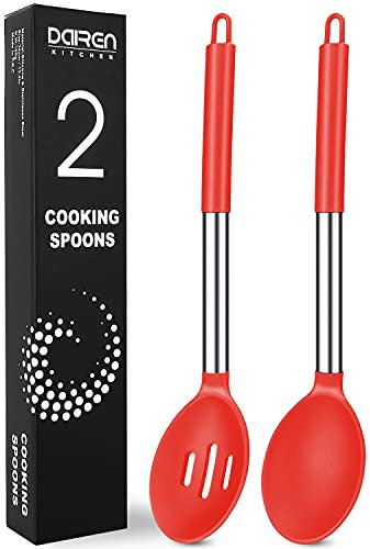 Silicone Serving Spoons, 2 Pack Solid & Slotted Spoon Set, Non-Stick BPA Free Heat-Resistant Kitchen Utensils, Plastic Cooking Spoons for Soup, Serving, Draining, Stirring (Red)