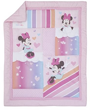 Disney Minnie Mouse Be Happy Pink Rainbow, Stars, & Clouds 3Piece Nursery Mini Crib Bedding Set - Comforter & Two Fitted Mini Crib Sheets, Pink, Purple, Orange, White