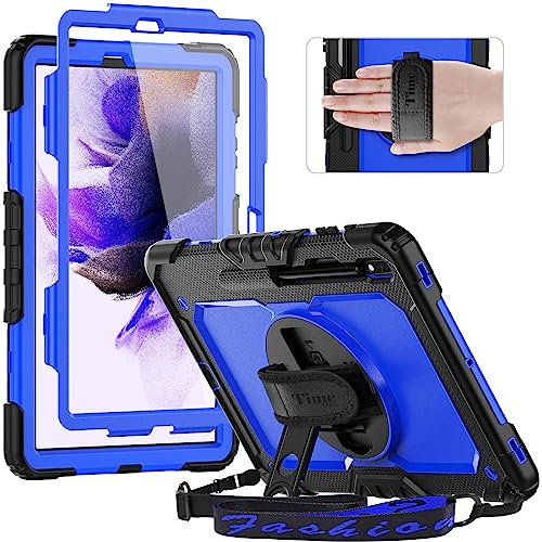 Timecity Case for Samsung Galaxy Tab S8 Plus 2022/ S7 FE 2021/ S7 Plus 12.4 inch Tablet, Durable Sturdy Protection Case with Screen Protector [360 Rotating Stand] &Hand Strap Case for S7 FE -Dark Blue