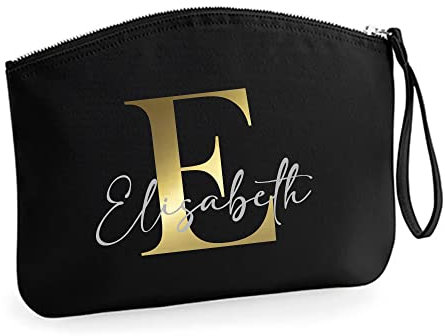 minimutz Schminktasche für Mädchen mit Name | Motiv Buchstabe Initiale inkl. Namensdruck | Personalisierte Kosmetiktasche Ordnungshüter Mädchen Damen M (19 x 17 cm) Schwarz