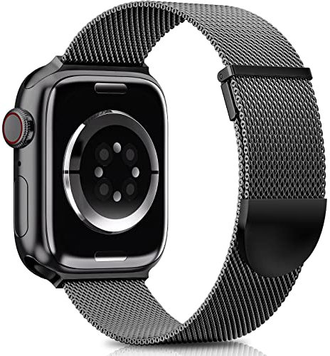 Higgs Ersatzarmband Kompatibel mit Apple Watch Armband 46mm 45mm 44mm 49mm 42mm Damen/Herren, Dual Magnetisch Einstellbar Armbänder für iWatch SE Series 10 9 8 7 6 5 4 3 2 1, Schwarz Edelstahl Metall