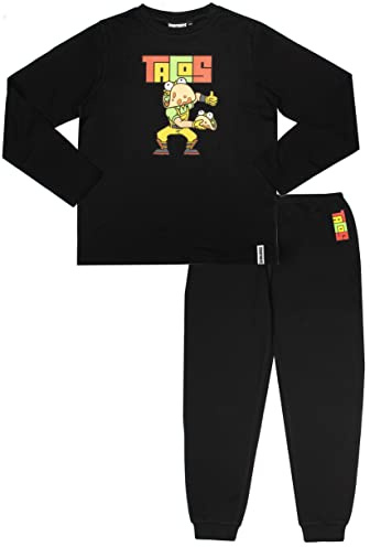 Fortnite Langärmeliger Schlafanzug für Jungen, Guaco, Tacos, 100% Baumwolle, Winter-PJ-Set, Alter 12–16 Jahre, Weihnachtspyjama, für Gamer, Black - Tacos, 15-16 Jahre