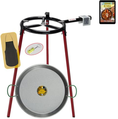 COMBOI Paellero gas butano kit quemador 30 cm, paellera de 42 cm, Soporte de 3 Patas, nivel, delantal, libro de recetas digital