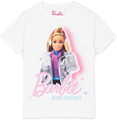 Barbie Girls T-Shirt in White | Merry Christmas Graphic Tee for Children | Cute Seasonal Winter Fashion Short Sleeve Lightweight Top | Festive Holiday Fun Cute Merchandise Gift for Her