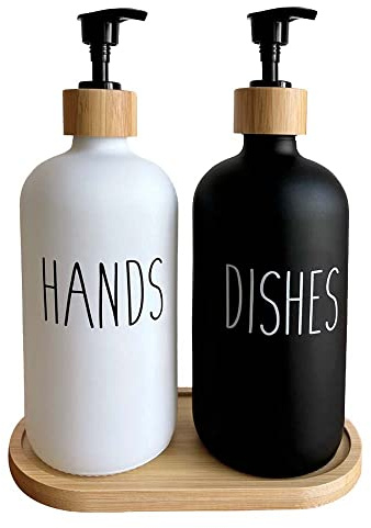 Distributeur de Savon en Verre, 480 ML, Distributeur de Liquide Vaisselle avec Pompe en Bambou, Plateau, Bouteille de Savon en Verre Noir et Blanc pour la Cuisine et la Salle de Bain