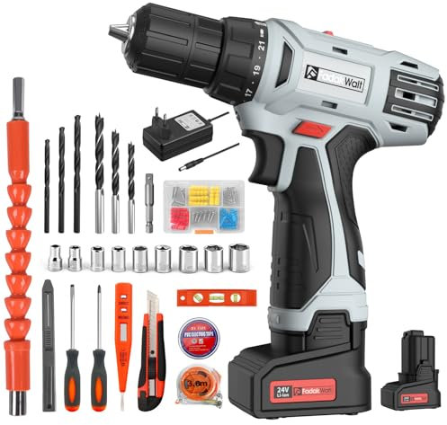 FADAKWALT 24v Trapano Avvitatore Batteria, Kit mit 21+1 Coppia, 0-400/1500RPM Due Velocità, Mandrino da 3/8 di Pollice, 2 Batterie e Caricatore