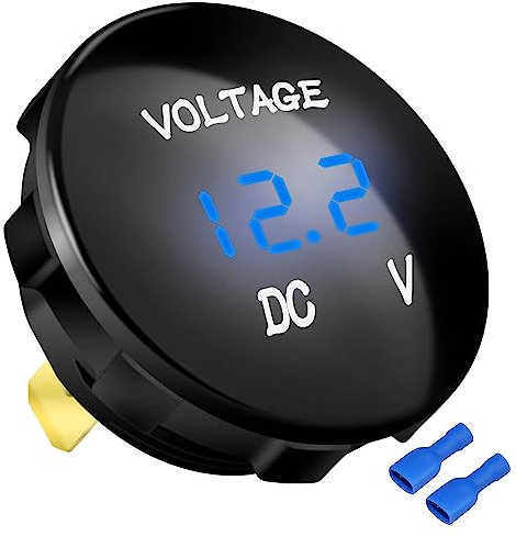 Greluma DC 12V 24V Indicatore voltmetro di ricambio per autoveicoli, misuratore di tensione LED digitale impermeabile 12V 24V 36V con display a colori blu, mini indicatore di monitoraggio batteria