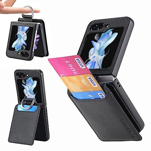 Knoowcase for Samsung Galaxy Z Flip 5 Case Wallet Shockproof Case Flip Bumper with Ringholder Card Slots Hidden Kickstand Anti-Drop Protective Back Case for Samsung Z Flip 5, Black