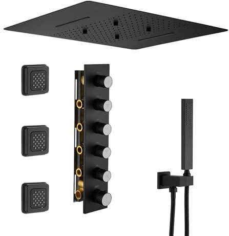 CASAINC Luxus-Duscharmatur-Sets, 50,8 x 61 cm, rechteckig, Ganzkörper-Regenfall-Duschsystem mit Hand- und 3 Massagedüsen, thermostatisches Duschsystem-Set Combo (mattschwarz)