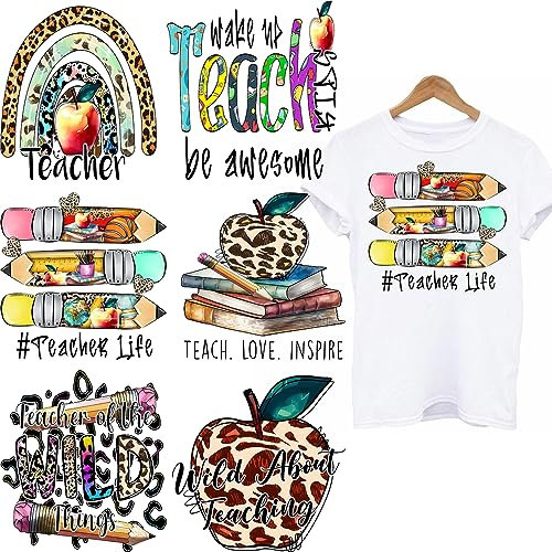 Teacher Iron On Transfers for T-Shirts Letters Heat Press Stickers Pencil Iron On Appliques Washable Vintage Leopard Print Iron On Vinyl Stickers Jackets Hoodies Pillow Covers DIY Decoration 6 Pcs