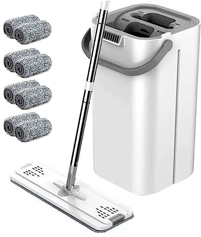 Greethga Lazy Flat Floor Trapeadores y Juego de Baldes de Limpieza de Suelos con Almohadillas de Microfibra Lavables para Trapeador Plano de Madera