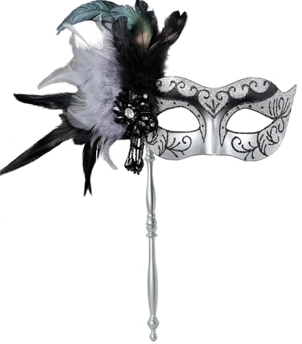 MYSEUNI 2024 Neue Maskerade Maske für Frauen mit Stab - Glänzende Damen Feder Karneval Venezianische Maske für Kostüm Zubehör