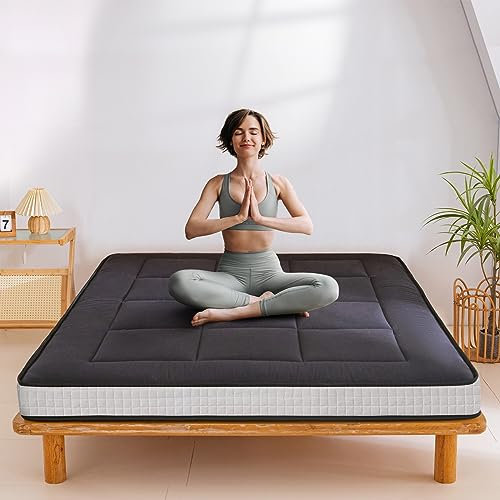 MAXYOYO Futon-Matratze, 15 cm gepolsterte japanische Bodensteppmatratze, extra dicke Isomatte, atmungsaktiv, Bodenliege, Gästebett, Autobett (Schwarz, Kingsize)