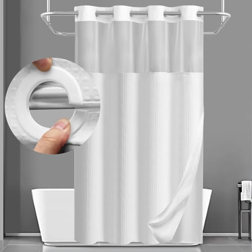 YellyHommy Rideau de douche sans crochet avec doublure à clipser pour salle de bain Blanc gaufré 190,5 x 152,4 cm