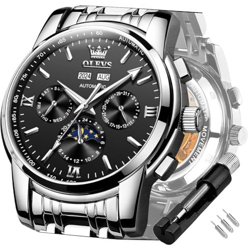 OLEVS Herren-Armbanduhr, automatisch, mechanisch, Tourbillon, selbstaufziehend, luxuriös, Edelstahl, wasserdicht, leuchtendes Datum, Armbanduhr, Weißes Armband & schwarzes Zifferblatt, modisch