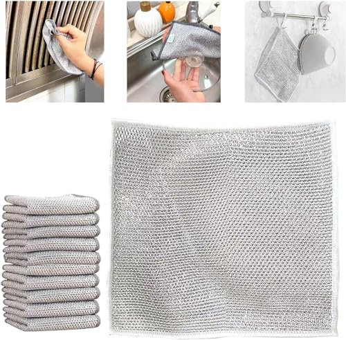 Mehrzweck Geschirrspüllappen aus Draht Wiederverwendbarer Kettennet Schrubber, Gusseisenreiniger, Topfreiniger, Reinigungstuch für Nass und Trockenreinigung, Putzlappen für die Küche (10, einlagig)