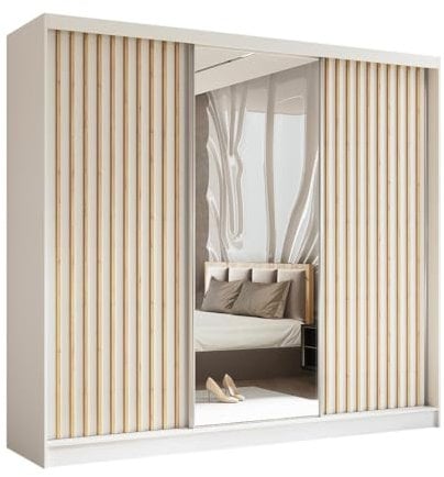 BEAUTY SOFA Helix - Schrank mit Spiegel - Kleiderschrank mit Schiebetüren und Lamellen - Garderobenschrank, Mehrzweckschrank, Flurschrank - 240cm breit - Weiß & Lamellenfarbe Artisan