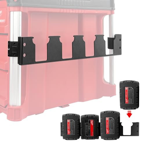 4 Slots Battery Holder Compatible with Milwaukee M18 Battery,Effortless Side Storage Solution Fit for Milwaukee Packout System,Corner Rail clips Including,Securely Store Your Batteries with Ease