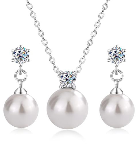 Schmuck Set 3Tlg Silber 925 Halskette Ohrringe Perlen Pendant CZ Damen Ohrringe Silber 925 Hängend Perlenschmuck Silberschmuckset für Damen
