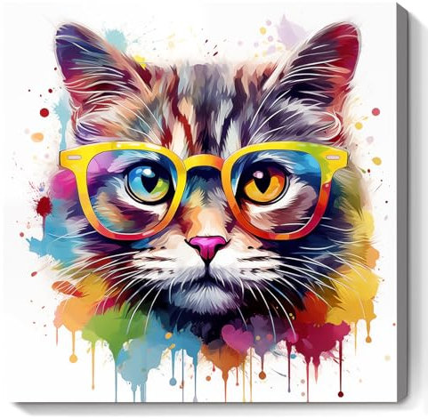 XBUMHOAL Impression sur toile motif chat avec lunettes - Impression colorée - Peinture à l'aquarelle - 40,6 x 40,6 cm - Sans cadre