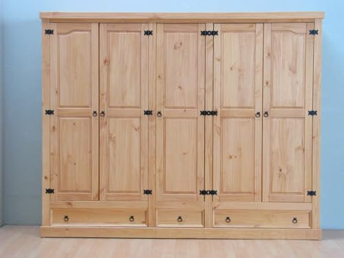 ebuy24 New Mexico Kleiderschrank 5-TRG. mit 3 Schubladen Breite 244 cm, Höhe 195 cm gelaugt/Wachs.