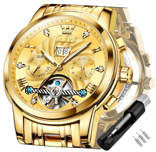 OLEVS Gold Automatikuhren für Herren Tourbillon Automatik Mechanik Luxus-Kleid Edelstahl Armband Leuchtend wasserdicht Herren-Armbanduhr